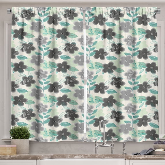 Ambesonne Floral Kitchen Curtains, Abstract Nostalgic Retro, 55"x39", Charcoal Grey Mint Green