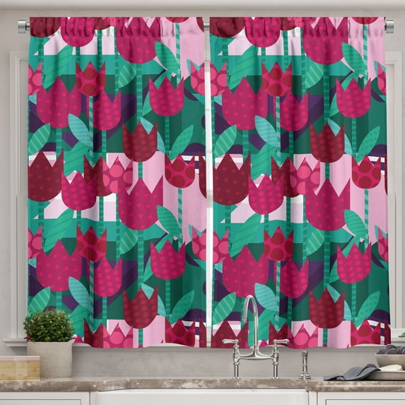 Ambesonne Floral Kitchen Curtains, Abstract Tulips Flowers, 55"x45", Jade Green and Red