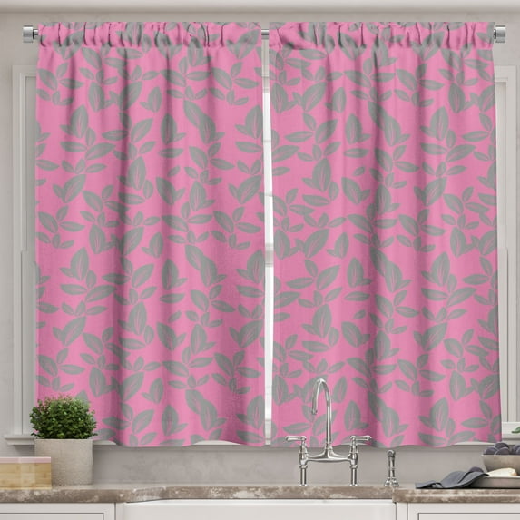 Ambesonne Floral Kitchen Curtains, Big Grey Flowers Petals, 55"x39", Pink and Grey