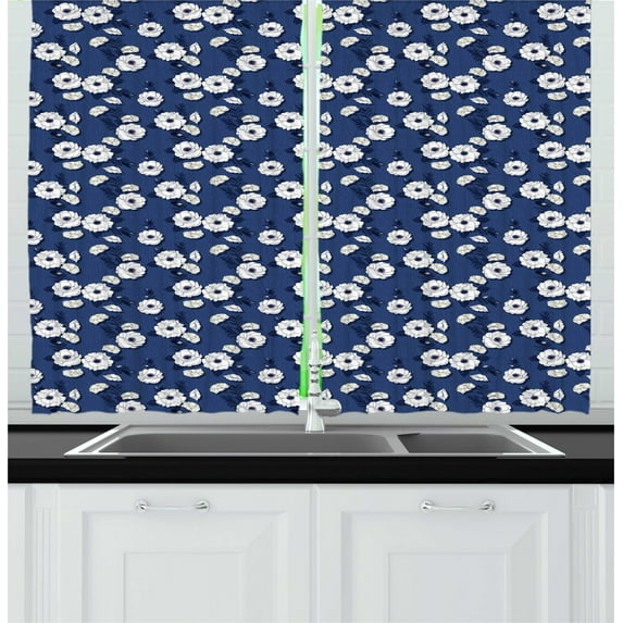 Ambesonne Floral Kitchen Curtains, Blooming Clove Flowers Art, 55"x45", Night Blue Cream