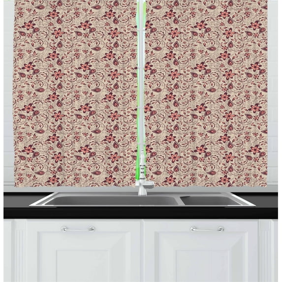 Ambesonne Floral Kitchen Curtains, Blossoming Spring Retro, 55"x45", Tan Coral Maroon