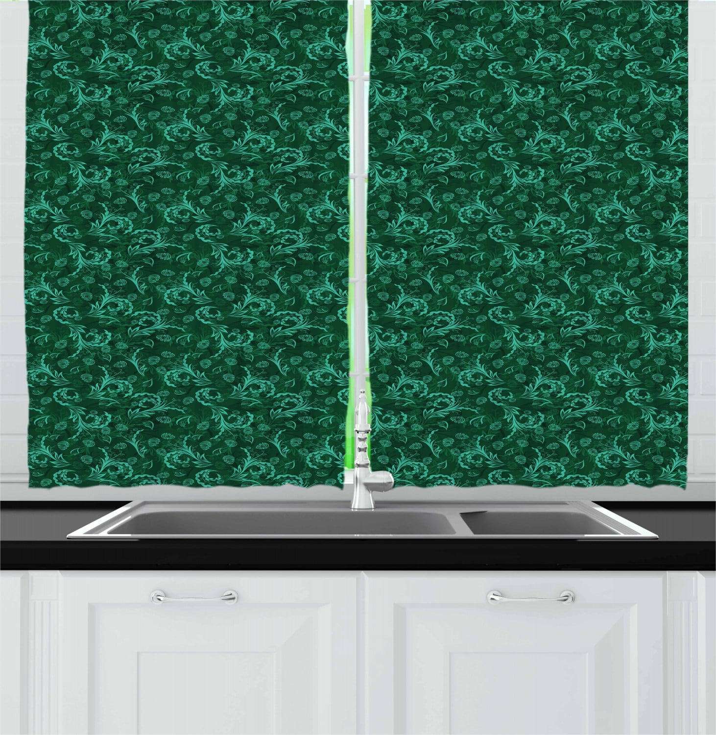 Green Floral Light-Filtering Polyester Kitchen Tier Curtains