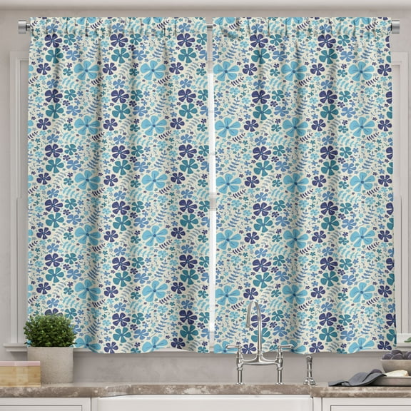 Ambesonne Floral Kitchen Curtains, Bluish Flowers and Branches, 55"x39", Blue