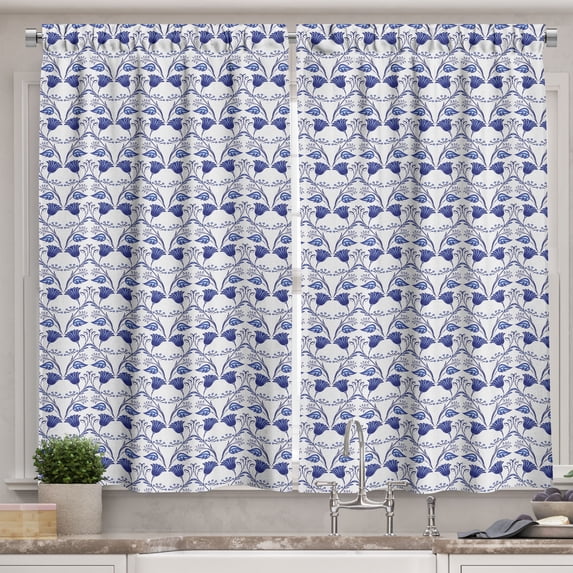 Ambesonne Floral Kitchen Curtains, Bluish Gzhel Flowers Art, 55"x39", Dark Lavender and Pale Grey