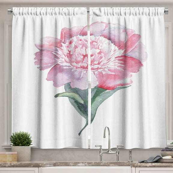 Ambesonne Floral Kitchen Curtains, Blush Tone Peony Flower Art, 55"x36", Pastel Pink Grey Teal