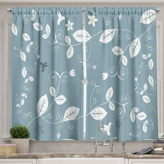 Ambesonne Floral Kitchen Curtains, Buds Blossoms Leaves Ivy, 55"x39", Slate Blue White
