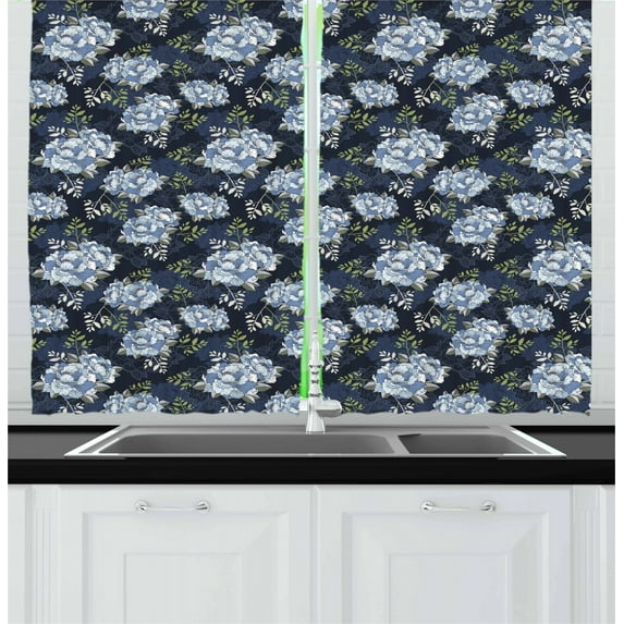 Ambesonne Floral Kitchen Curtains, Classic Peony Petal, 55"x39", Pistachio Green Blue