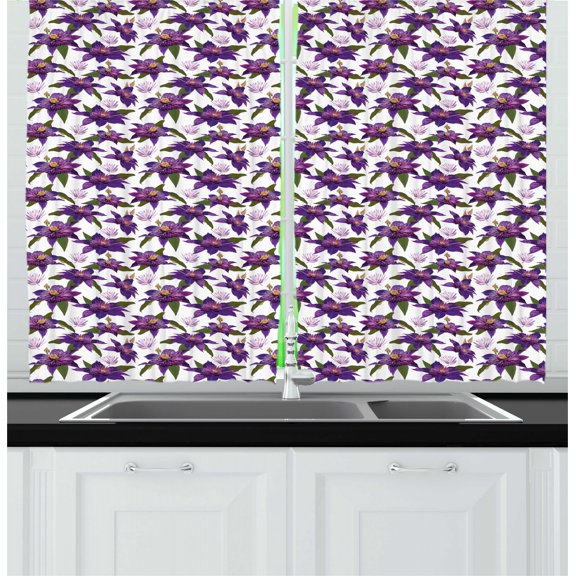 Ambesonne Floral Kitchen Curtains, Clematis Blossoms Look, 55"x45", Purple Dark Green White