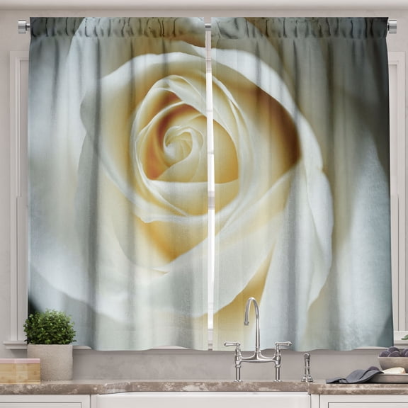 Ambesonne Floral Kitchen Curtains, Closeup of a White Rose View, 55"x24", Pale Cinnamon Dusk and Grey