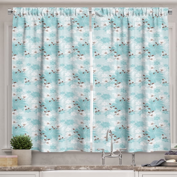 Ambesonne Floral Kitchen Curtains, Cold Winter Toned Flowers, 55"x30", Pale Sky Blue Umber