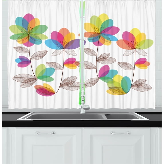 Ambesonne Floral Kitchen Curtains, Colored Blooming Flowers, 55"x39", Multicolor
