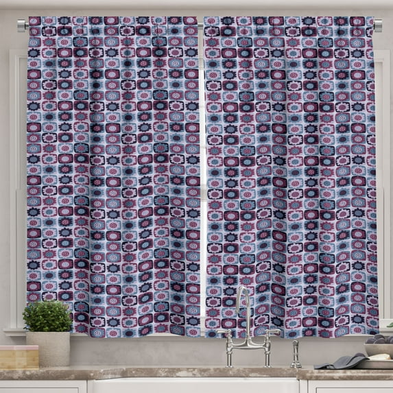 Ambesonne Floral Kitchen Curtains, Colorful Flower Art Designs, 55"x45", Dark Magenta Pale Blue