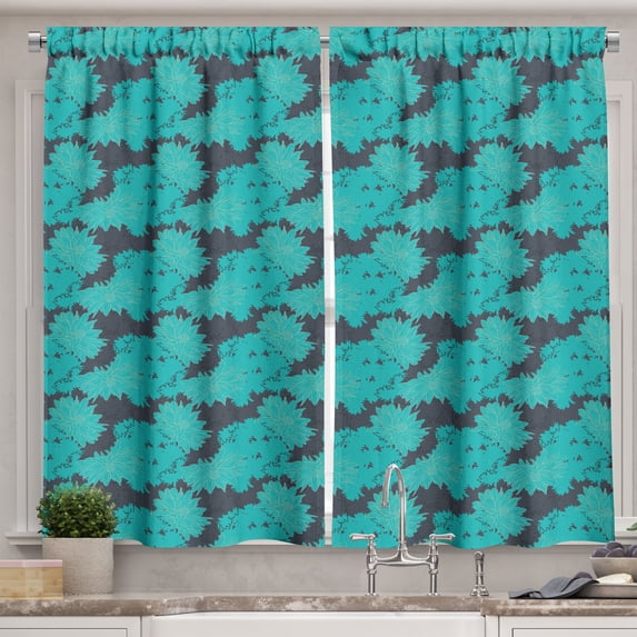 Ambesonne Floral Kitchen Curtains, Dahlia Blossom Petals Motif, 55"x45", Turquoise Grey