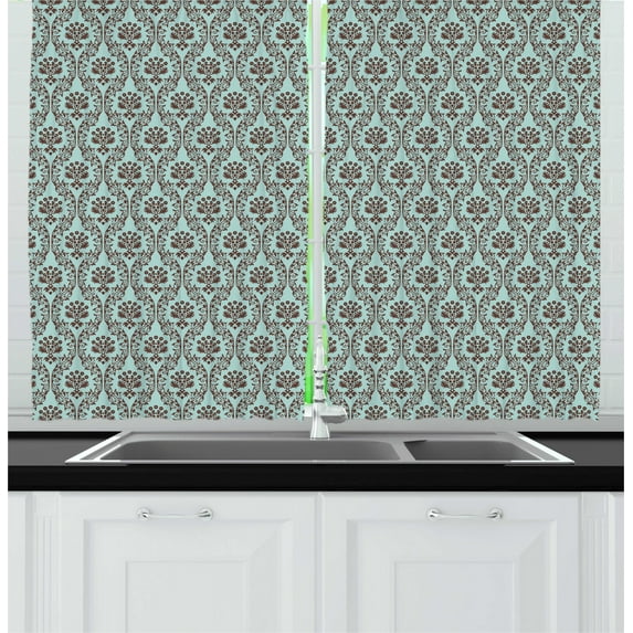 Ambesonne Floral Kitchen Curtains, Damask Inspired Oriental Art, 55"x45", Dark Rosewood Pale Teal