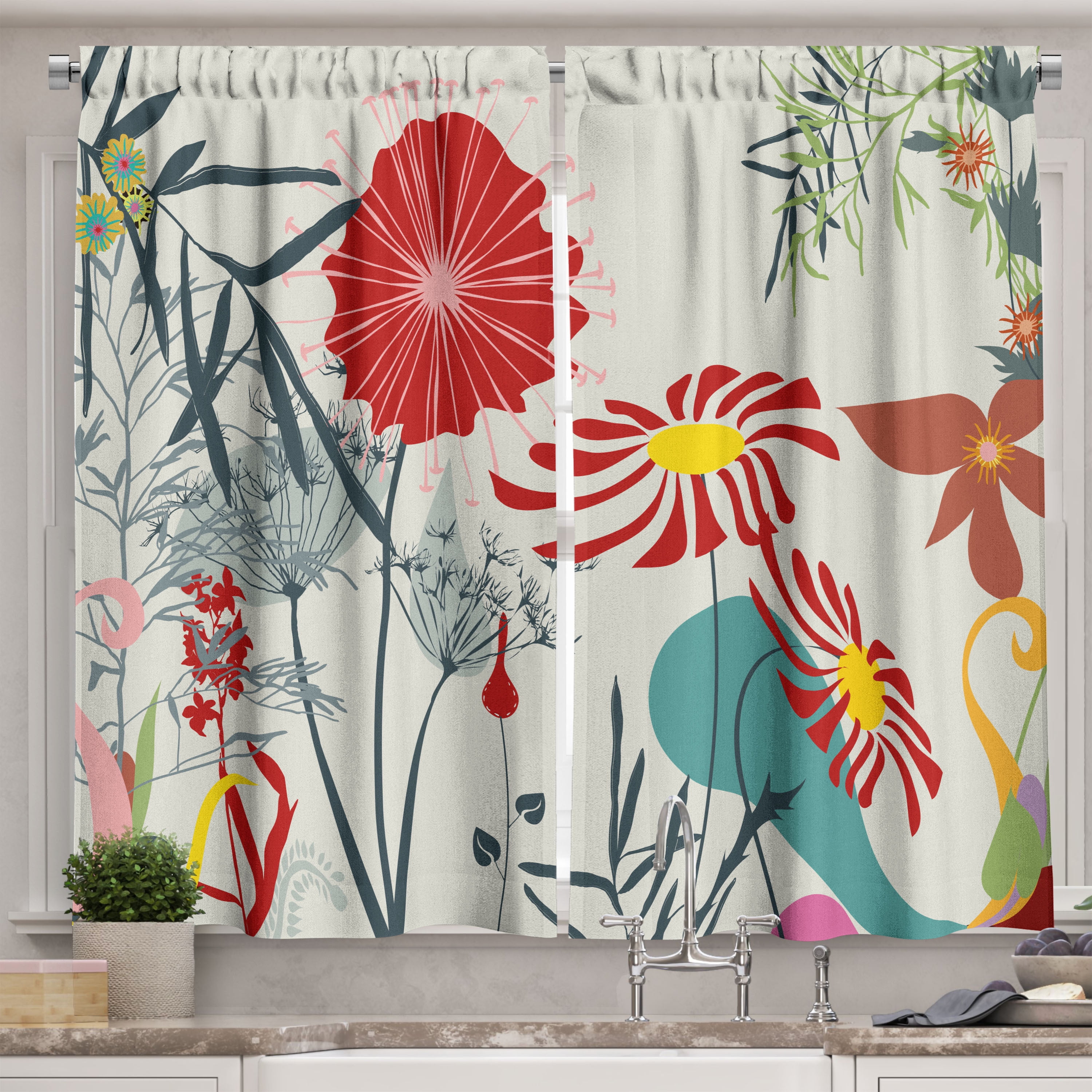 Floral Multicolor Polyester Light-Filtering Kitchen Tier Curtains