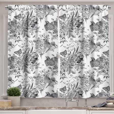 Ambesonne Floral Kitchen Curtains, Detailed Engraving Spring, 55"x24", Charcoal Grey and White