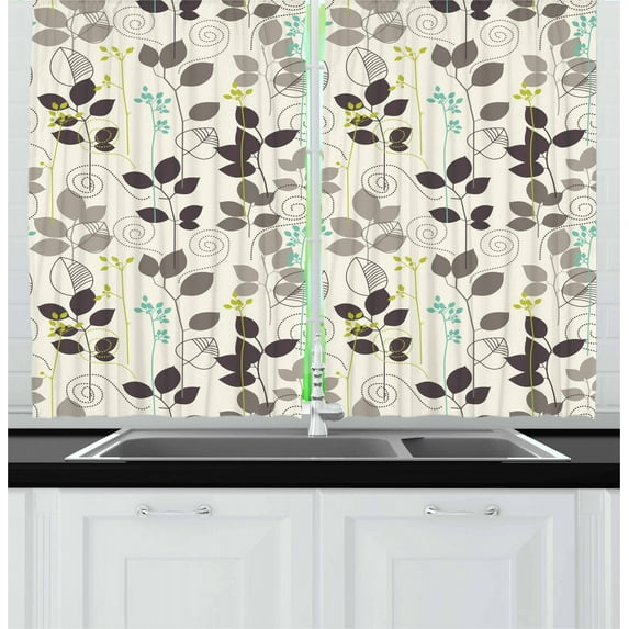 Ambesonne Floral Kitchen Curtains, Doodle Leaves Earth Tone, 55"x39", Dark Taupe Coconut