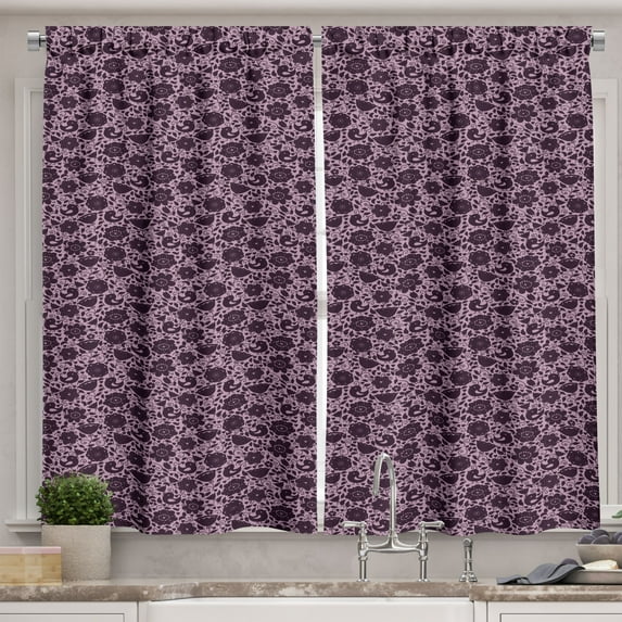 Ambesonne Floral Kitchen Curtains, Doodle Nature Birds, 55"x45", Lilac and Plum