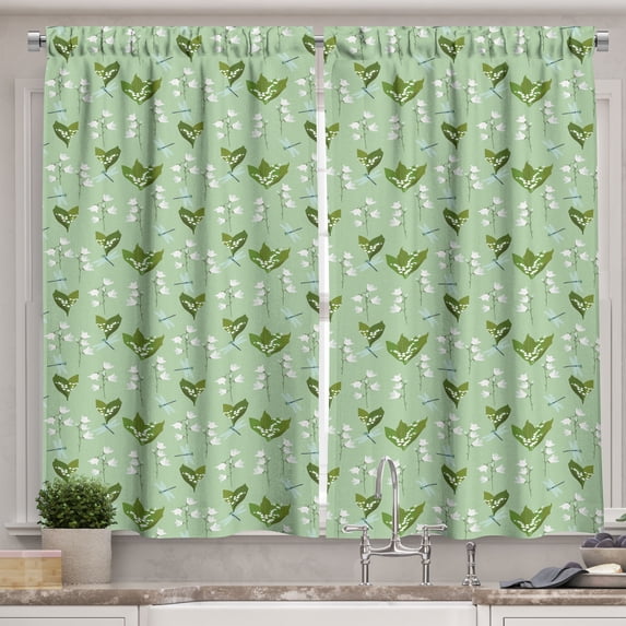Ambesonne Floral Kitchen Curtains, Dragonflies and Campanulas, 55"x45", Pale Green Pale Blue