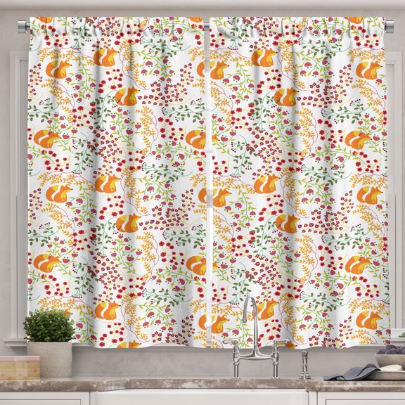 Ambesonne Floral Kitchen Curtains, Flowers Forest Fox Tree Art, 55"x36", Multicolor
