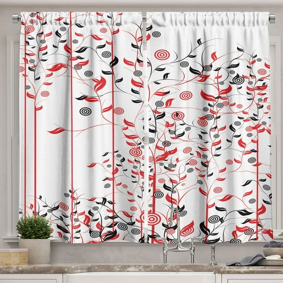 Ambesonne Floral Kitchen Curtains, Flowers Ivy Swirl Leaves, 55"x45", Red Black and White