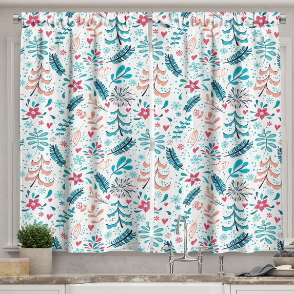 Ambesonne Floral Kitchen Curtains, Flowers Leaves and Dots Art, 55"x24", Pink Teal Peach