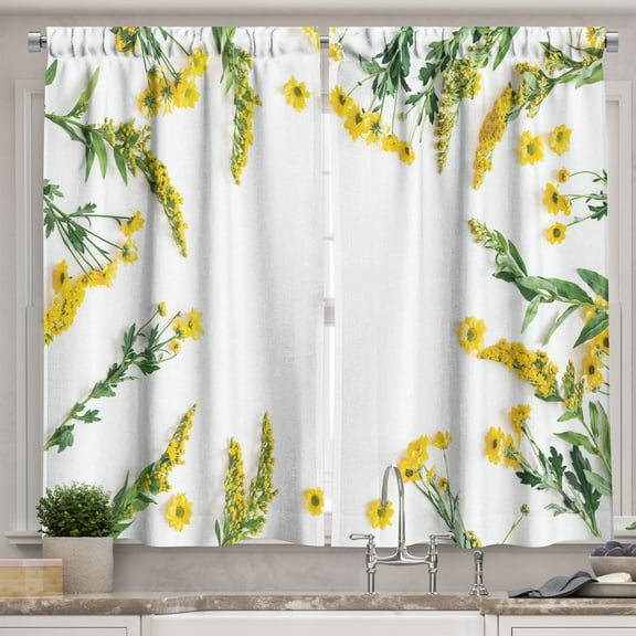 Ambesonne Floral Kitchen Curtains, Flowers on Plain Back View, 55"x30", Earth Yellow and Olive Green