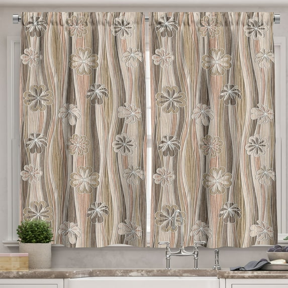 Ambesonne Floral Kitchen Curtains, Flowers on Wavy Stripes, 55"x45", Dark Brown Sand Brown