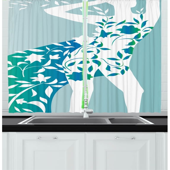 Ambesonne Floral Kitchen Curtains, Girl Flower Petal Leaves, 55"x39", Turquoise Teal White