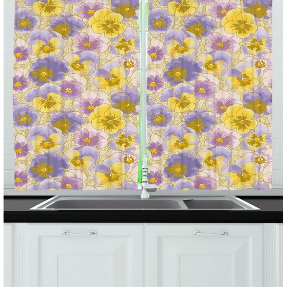 Ambesonne Floral Kitchen Curtains, Hand Drawn Pansy Garden, 55"x39", Lavender Lilac Yellow