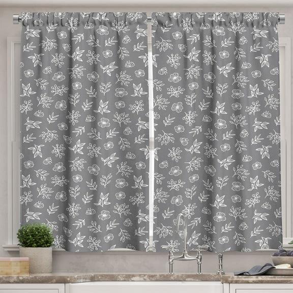 Ambesonne Floral Kitchen Curtains, Hand Drawn Plants Layout, 55"x24", Grey and White