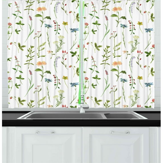 Ambesonne Floral Kitchen Curtains, Herb Flowers Watercolors, 55"x45", Multicolor