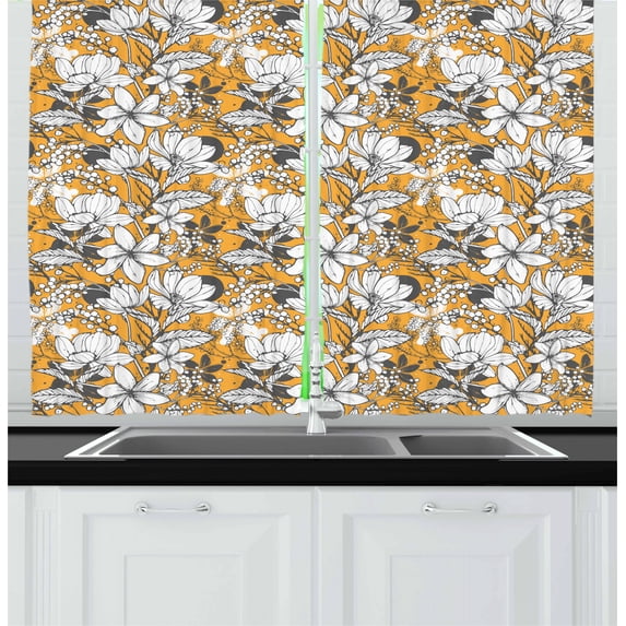 Ambesonne Floral Kitchen Curtains, Hibiscus Exotic Beach, 55"x45", Charcoal Grey Marigold