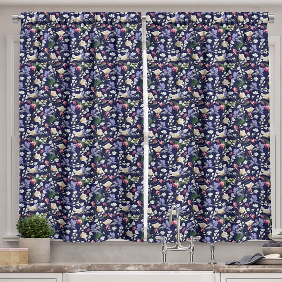 Ambesonne Floral Kitchen Curtains, Irises and Other Flowers Art, 55"x39", Navy Blue and Pale Fuchsia