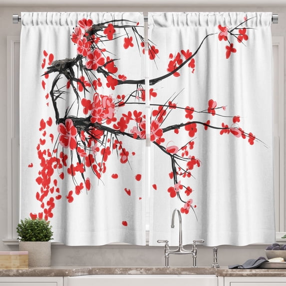 Ambesonne Floral Kitchen Curtains, Japanese Spring Blooms, 55"x39", Vermilion Brown White