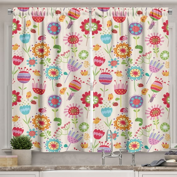 Ambesonne Floral Kitchen Curtains, Ladybug Strawberry Bird, 55"x39", Multicolor