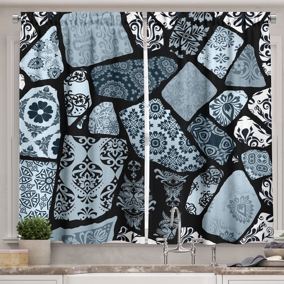 Ambesonne Floral Kitchen Curtains, Modern Geometric Shapes, 55"x39", Bluegrey Black White