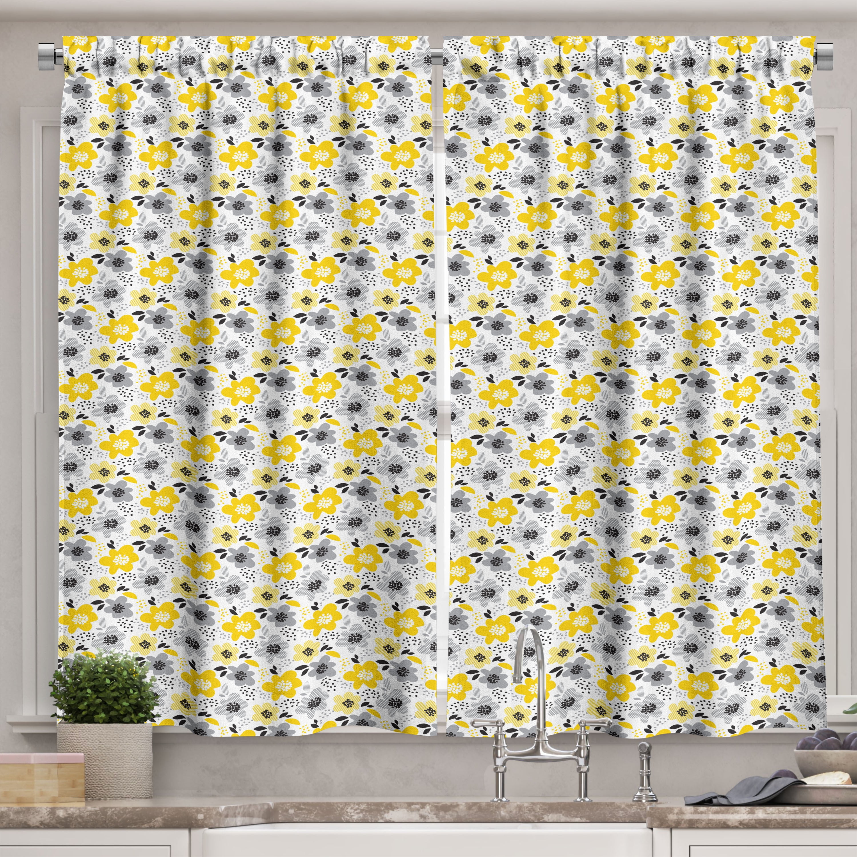 Yellow and Gray Floral Light-Filtering Polyester Kitchen Tier Curtains