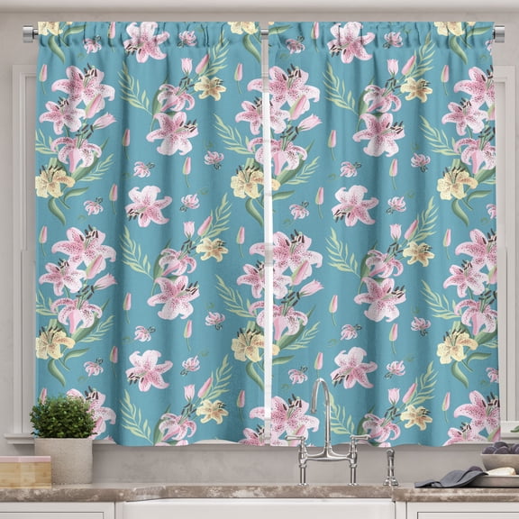 Ambesonne Floral Kitchen Curtains, Natural Lily Flower Patterns, 55"x45", Pale Pink Rose