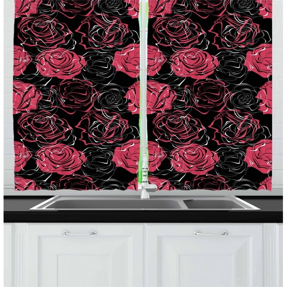 Ambesonne Floral Kitchen Curtains, Ombre Rose Blooom Art, 55"x39", Charcoal Grey Magenta