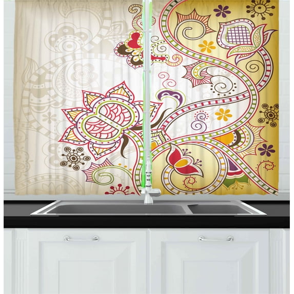 Ambesonne Floral Kitchen Curtains, Oriental Flower Ornaments, 55"x39", Multicolor