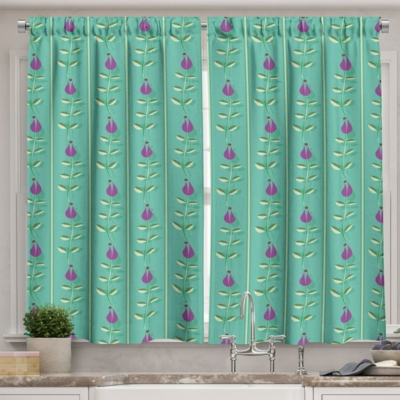 Ambesonne Floral Kitchen Curtains, Oriental Style Flower Leaves, 55"x45", Sea Green Purple