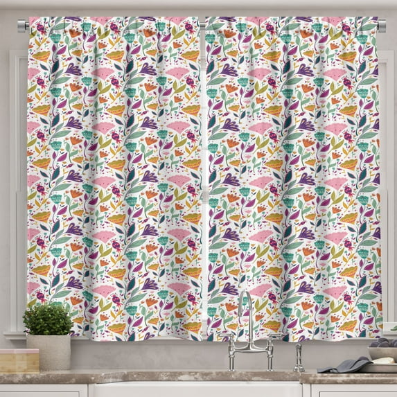 Ambesonne Floral Kitchen Curtains, Ornamental Blossoms Art, 55"x39", Multicolor