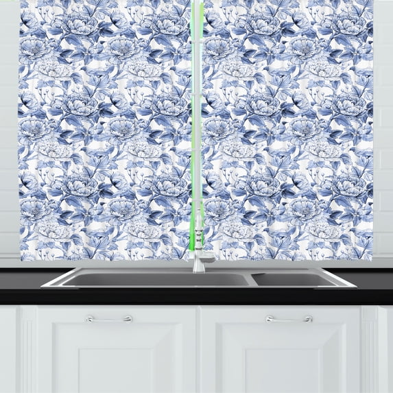 Ambesonne Floral Kitchen Curtains, Pastel Peonies and Birds, 55"x45", Ceil Blue and White