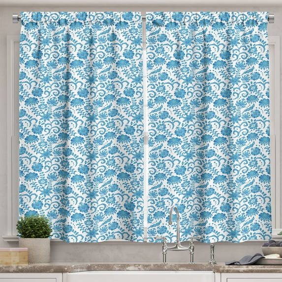 Ambesonne Floral Kitchen Curtains, Pattern of Bluish Flowers, 55"x45", Sea Blue and White