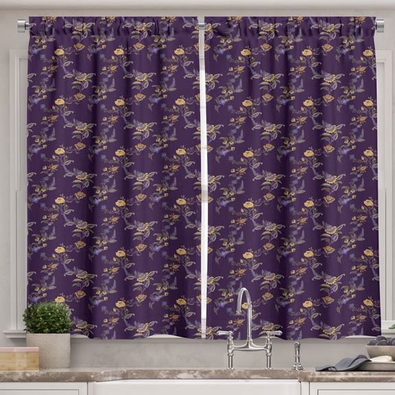 Ambesonne Floral Kitchen Curtains, Peonies and Flowers Boho, 55"x36", Dark Purple Pale Orange