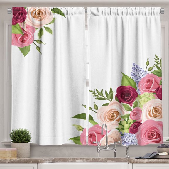 Ambesonne Floral Kitchen Curtains, Pinkish Roses and Lilac Art, 55"x24", White Multicolor