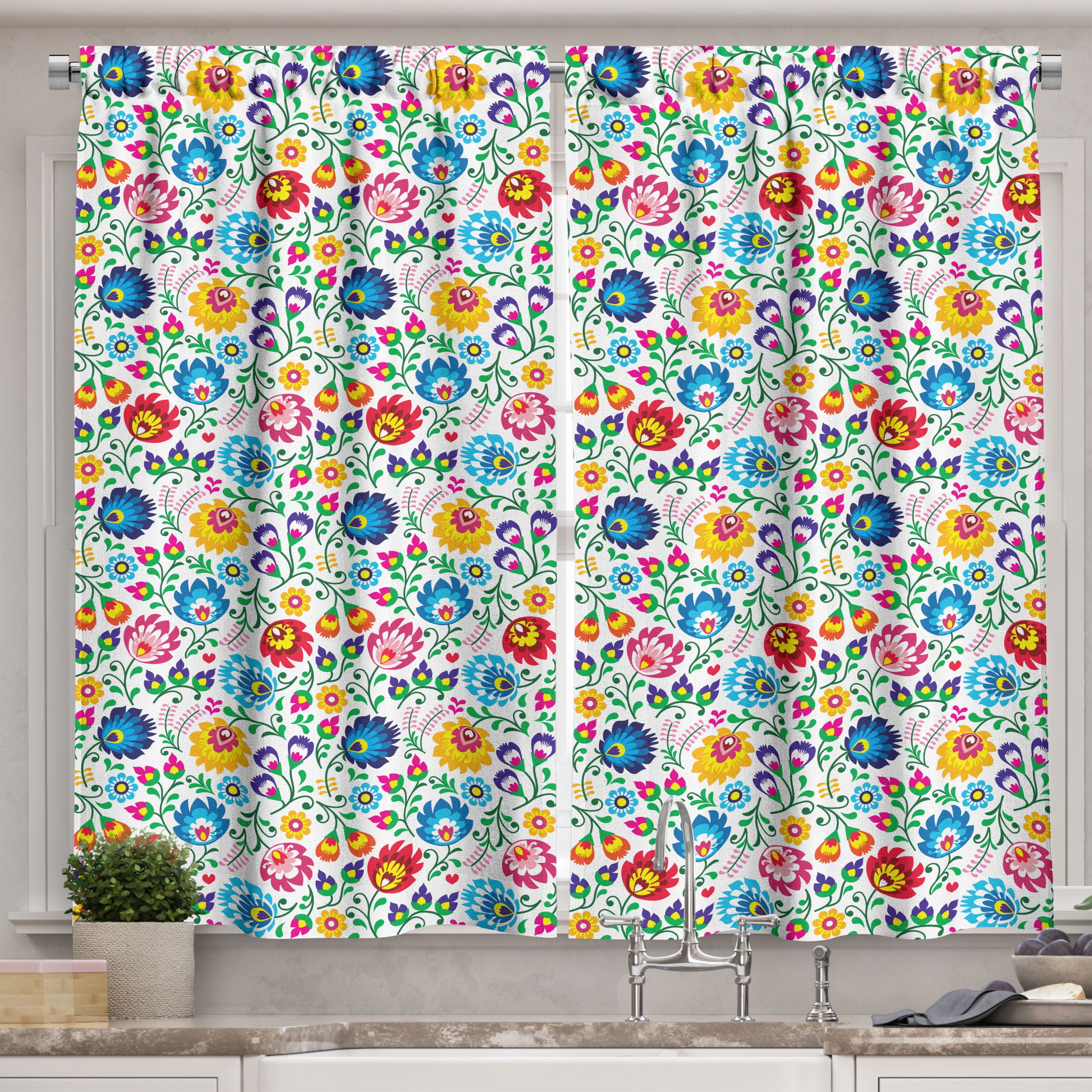 Multicolor Floral Light-Filtering Polyester Kitchen Tier Curtains, 55" x 39"