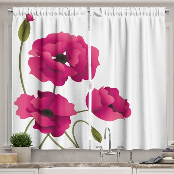 Ambesonne Floral Kitchen Curtains, Poppy Flowers Buds Pastoral, 55"x30", Hot Pink