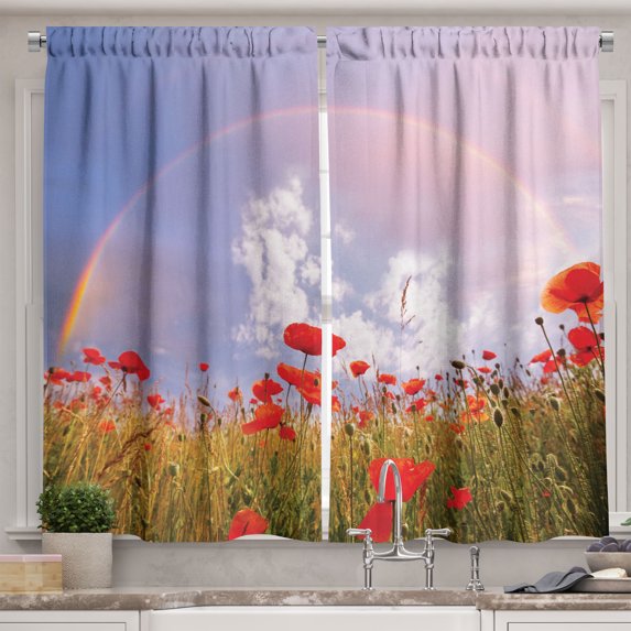 Ambesonne Floral Kitchen Curtains, Poppy Flowers on Meadow, 55"x45", Red Green Blue